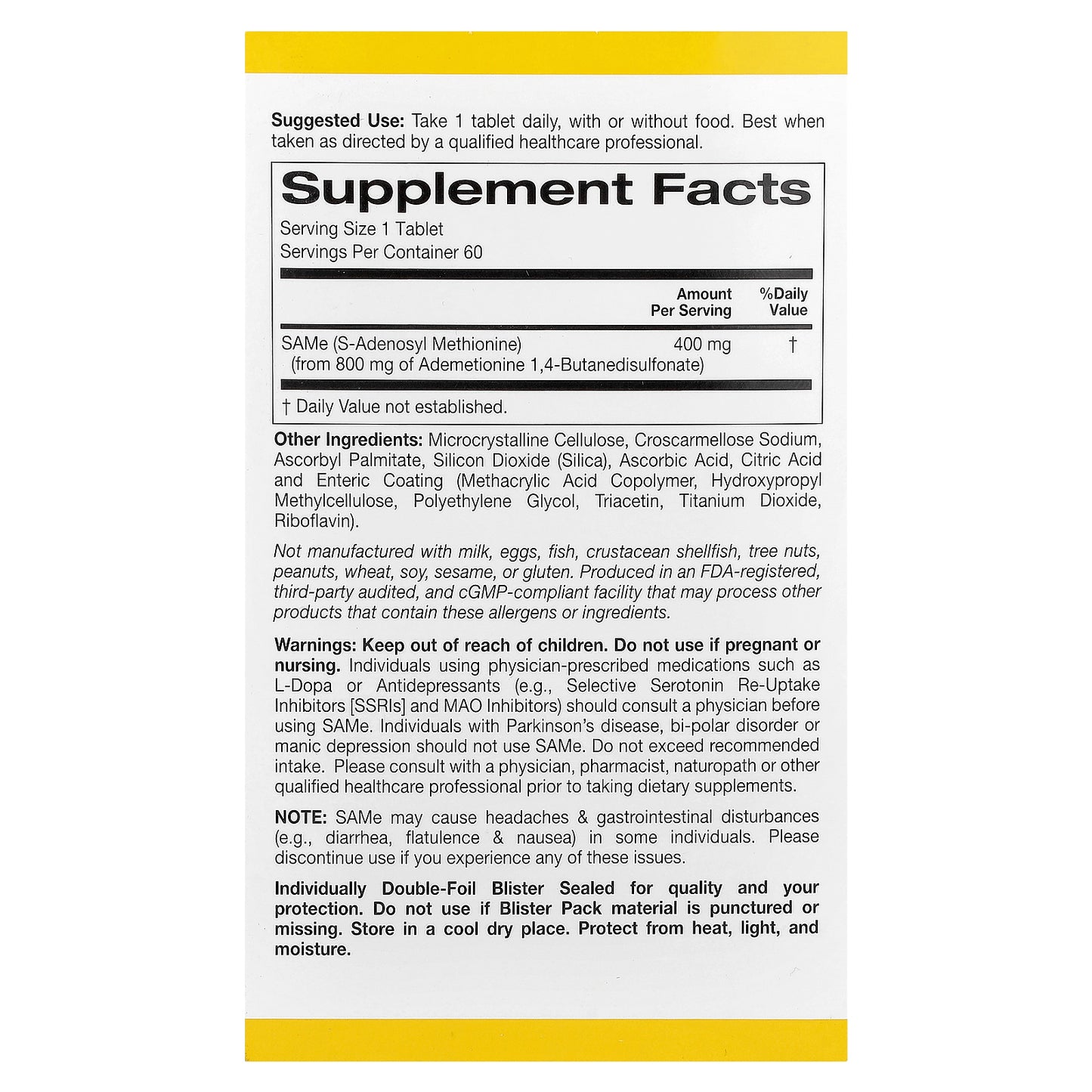 California Gold Nutrition, SAMe, Butanedisulfonate, 400 mg, 60 Enteric Coated Tablets