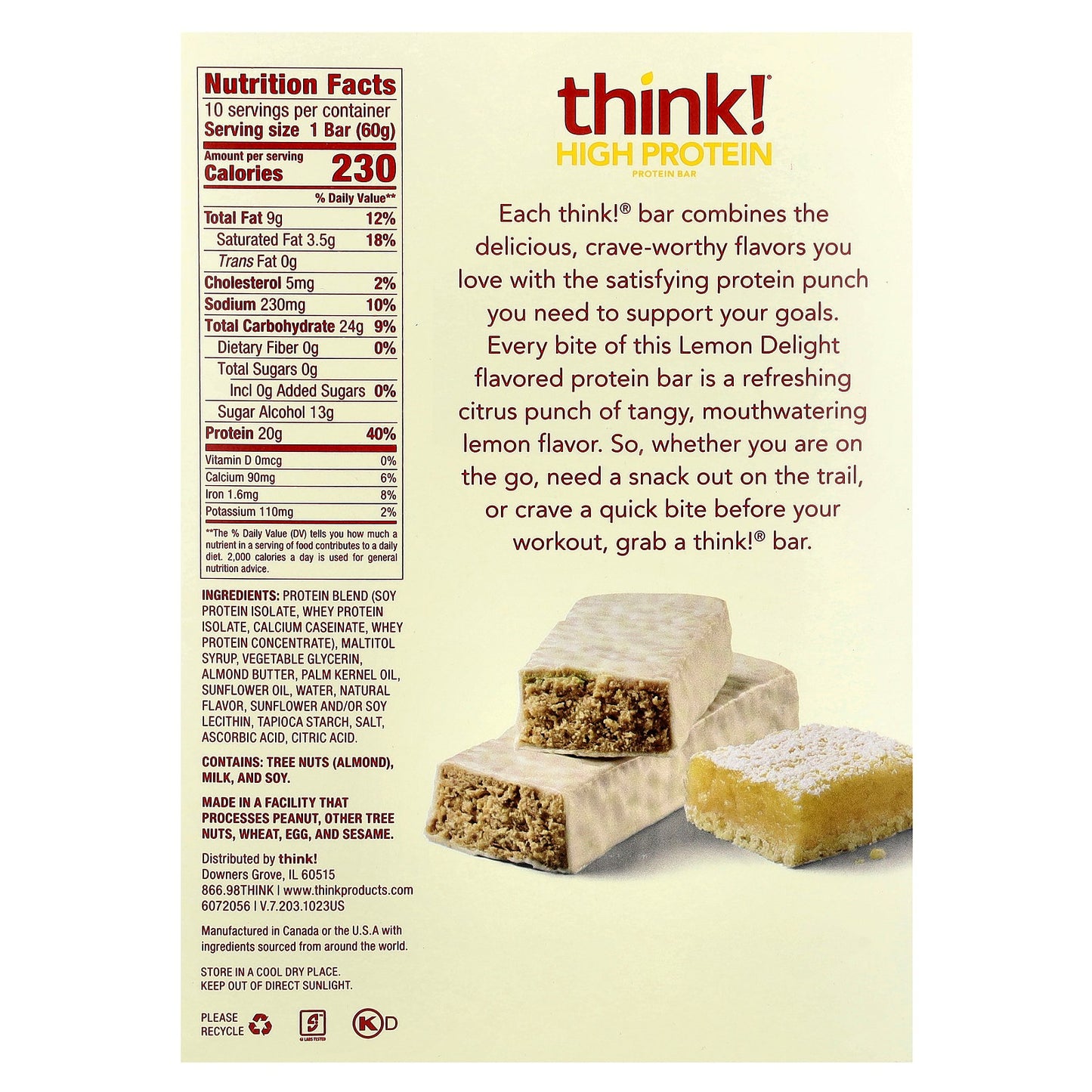 Think !, High Protein Bars, Lemon Delight, 10 Bars, 2.1 oz (60 g) Each