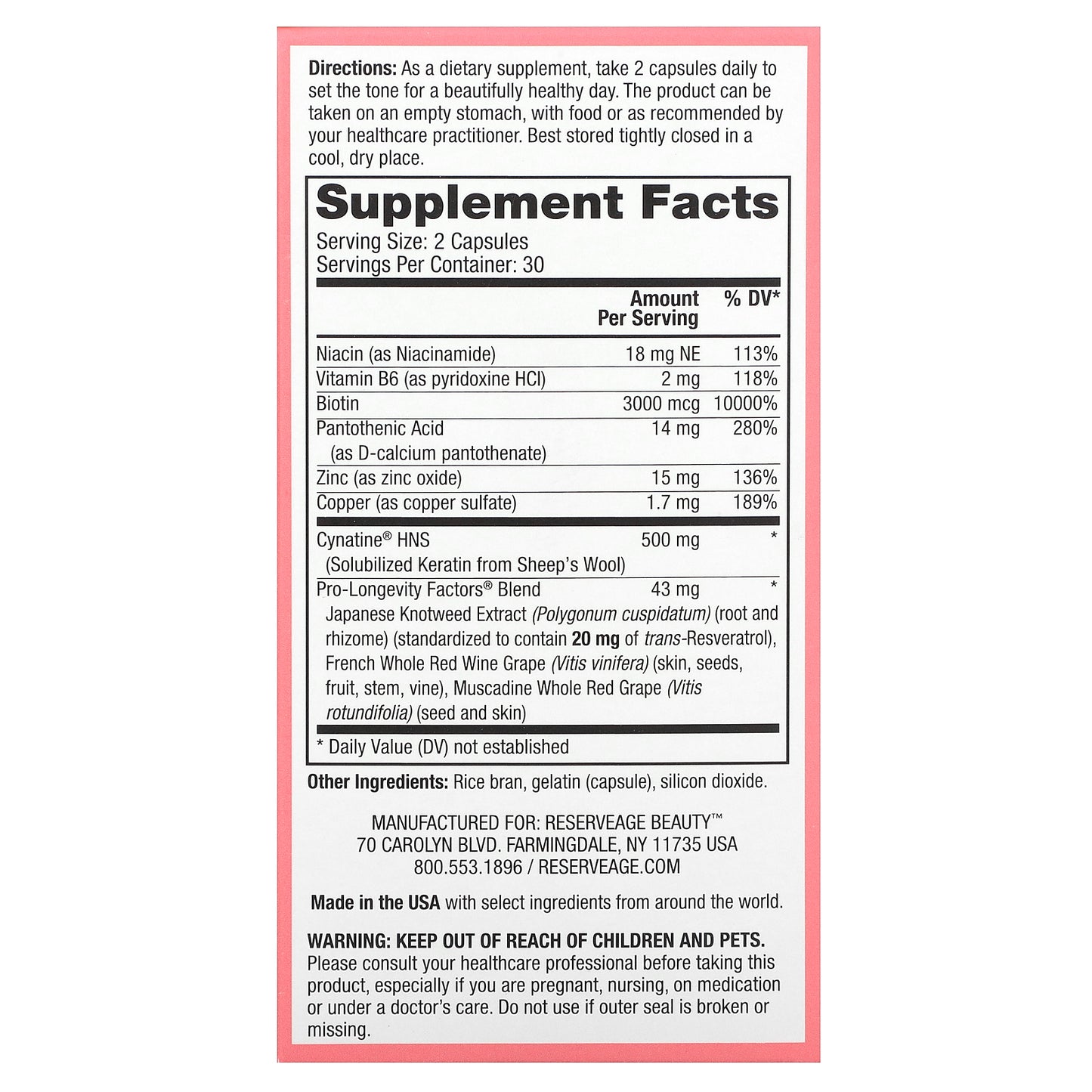 Reserveage Beauty, Keratin Hair Booster with Biotin & Resveratrol, 60 Capsules