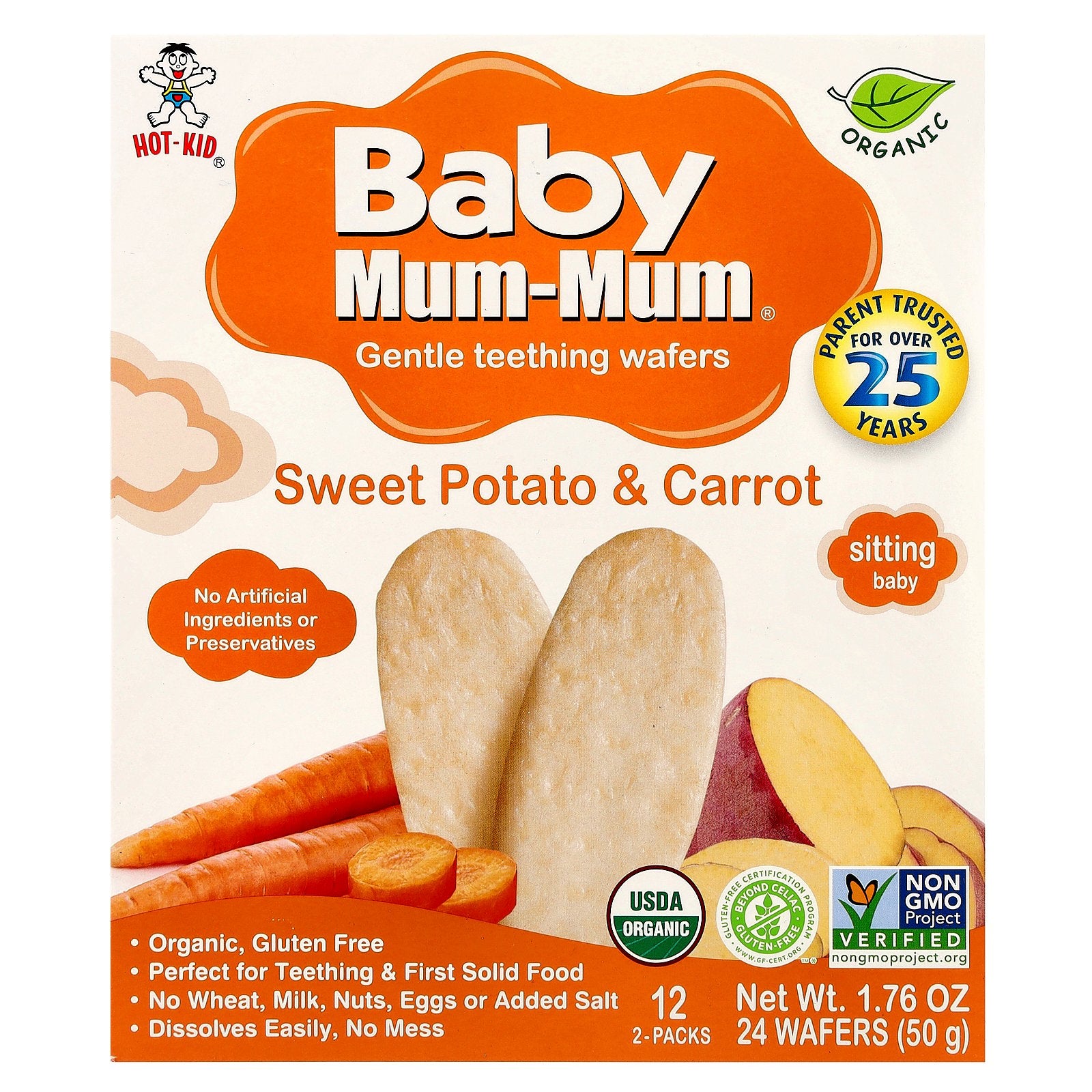 Hot Kid, Baby Mum-Mum®, Gentle Teething Wafers, Sweet Potato & Carrot, 12 Packs, 2 Wafers Each