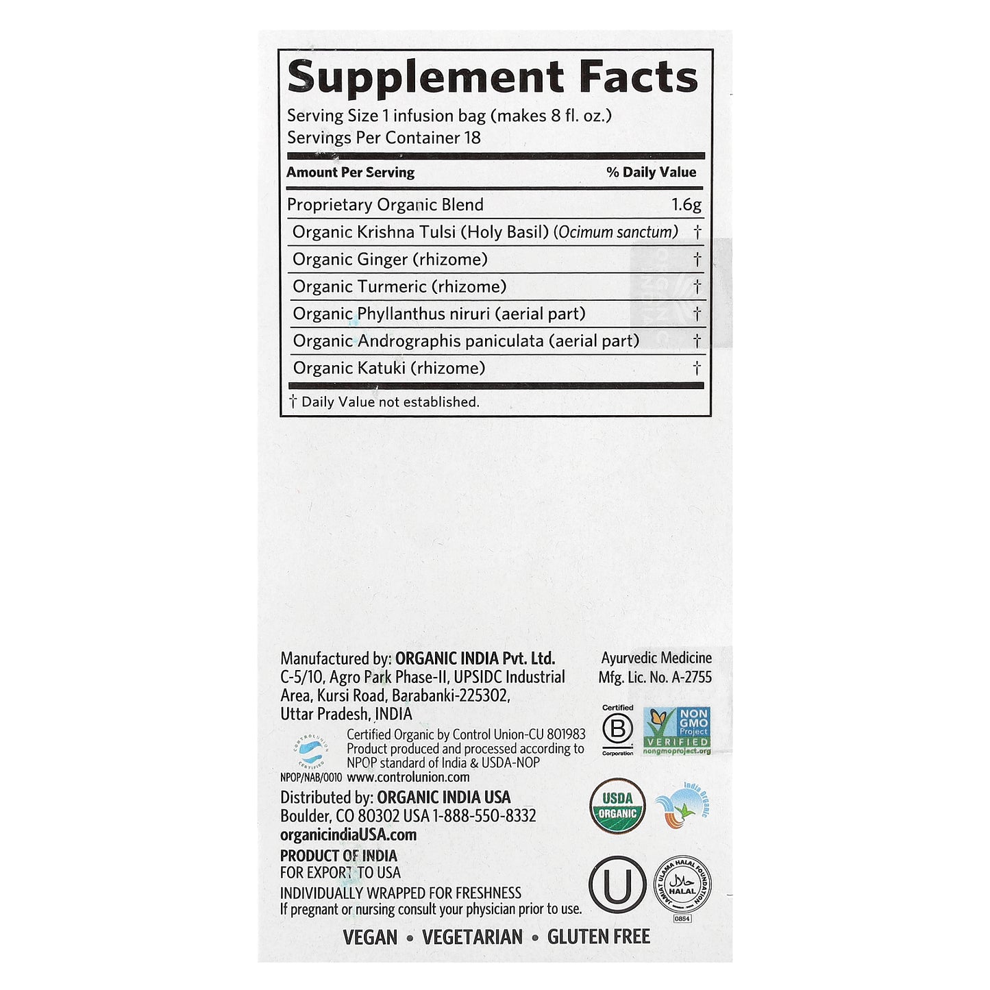 Organic India, Tulsi Cleanse Tea, Caffeine-Free, 18 Infusion Bags, 1.02 oz (28.8 g)