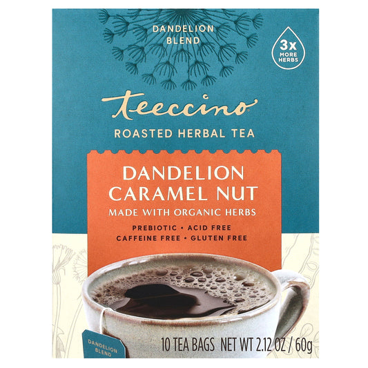 Teeccino, Roasted Herbal Tea, Dandelion Caramel Nut, Caffeine Free, 10 Tea Bags, 2.12 oz (60 g)