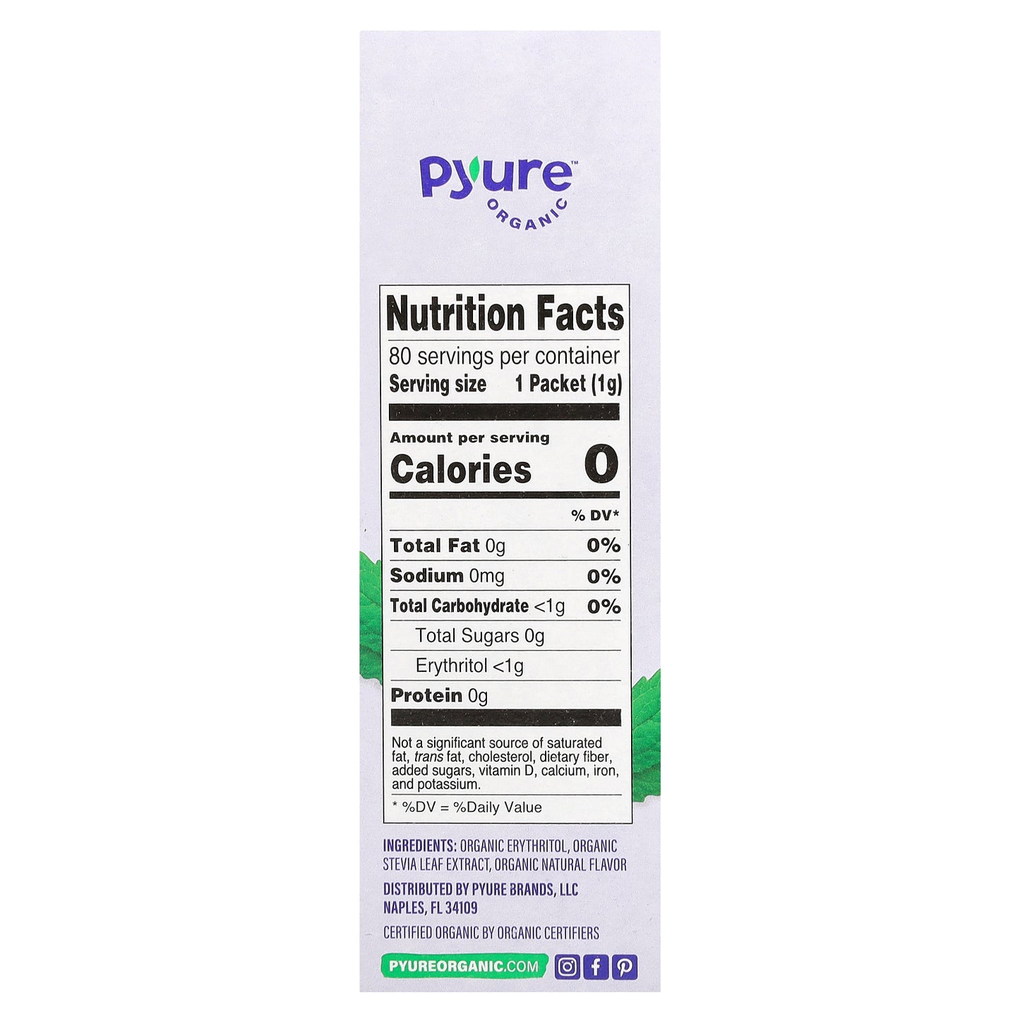 Pyure, Organic Granular Sweetener, Stevia, 80 Packets, 0.035 oz (1 g) Each