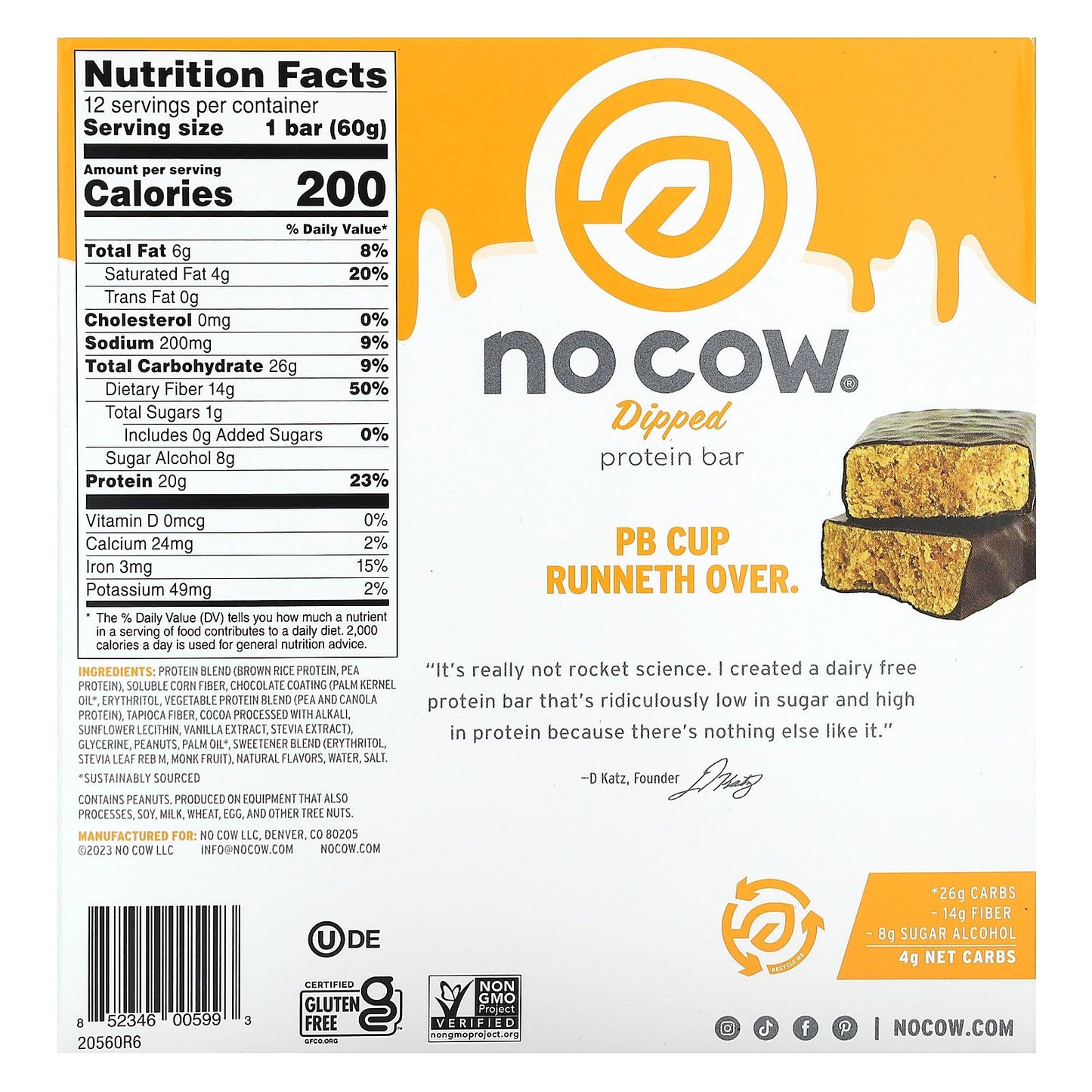 No Cow, Dipped Protein Bar, Chocolate Peanut Butter Cup, 12 Bars, 2.12 oz (60 g) Each