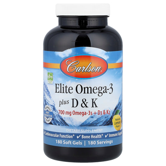 Carlson, Elite Omega-3 Plus D & K, Natural Lemon, 180 Soft Gels