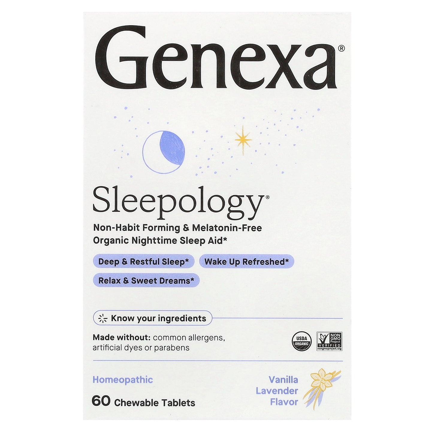 Genexa, Sleepology, Organic Nighttime Sleep Aid, Vanilla Lavender, 60 Chewable Tablets