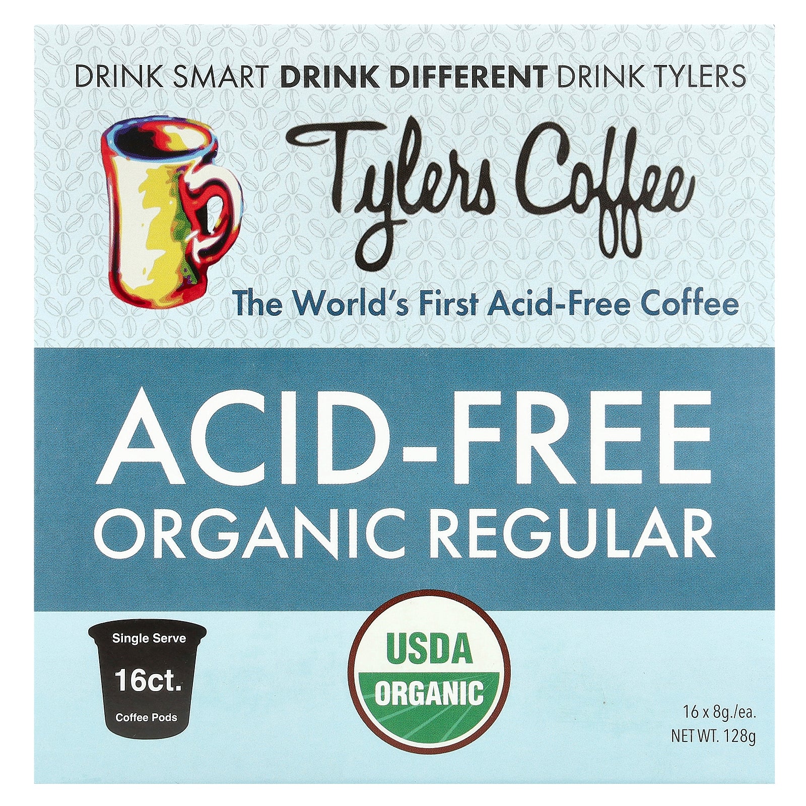 Tylers Coffees, Acid-Free Organic Coffee, Regular, 16 Coffee Pods, (8 g) Each