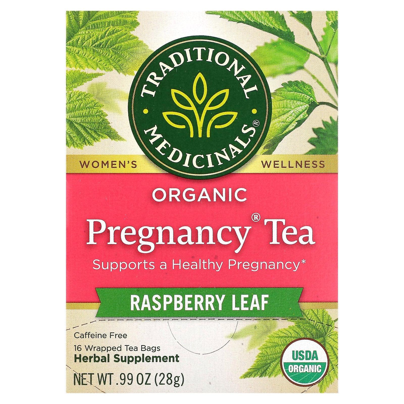 Traditional Medicinals, Organic Pregnancy® Tea, Raspberry Leaf, Caffeine Free, 16 Wrapped Tea Bags, 0.99 oz (28 g)