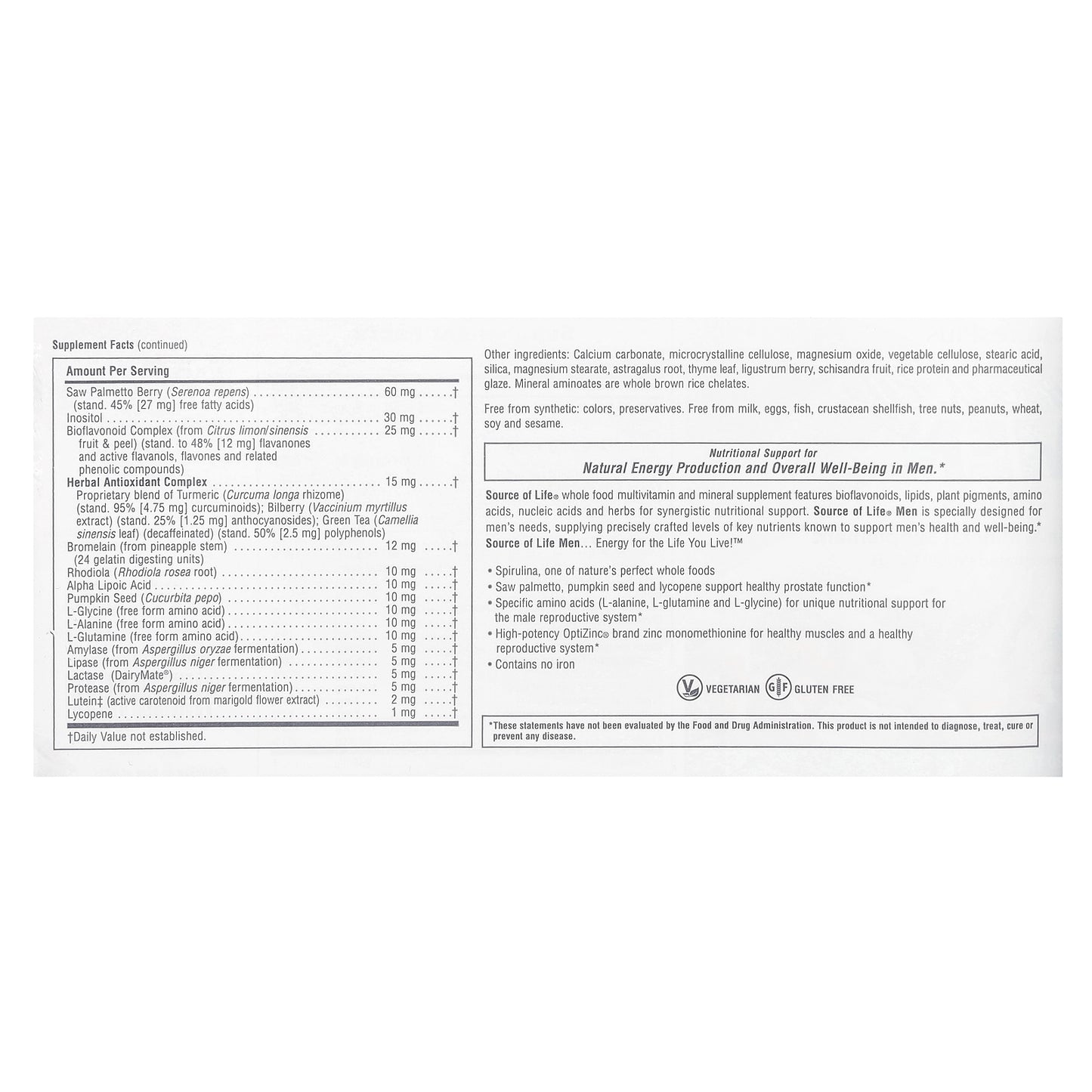 NaturesPlus, Source of Life Men, Multivitamin & Mineral Supplement with Concentrated Whole Foods, Iron-Free, 120 Tablets