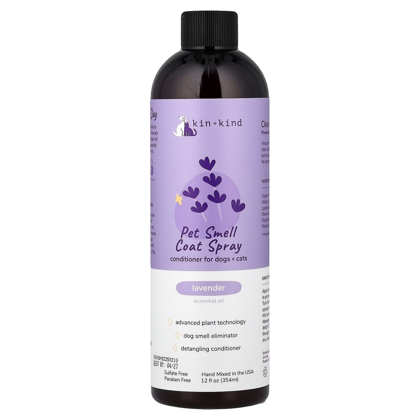 Kin+Kind, Pet Smell Coat Spray, Conditioner For Dogs + Cats, Lavender, 12 fl oz (354 ml)