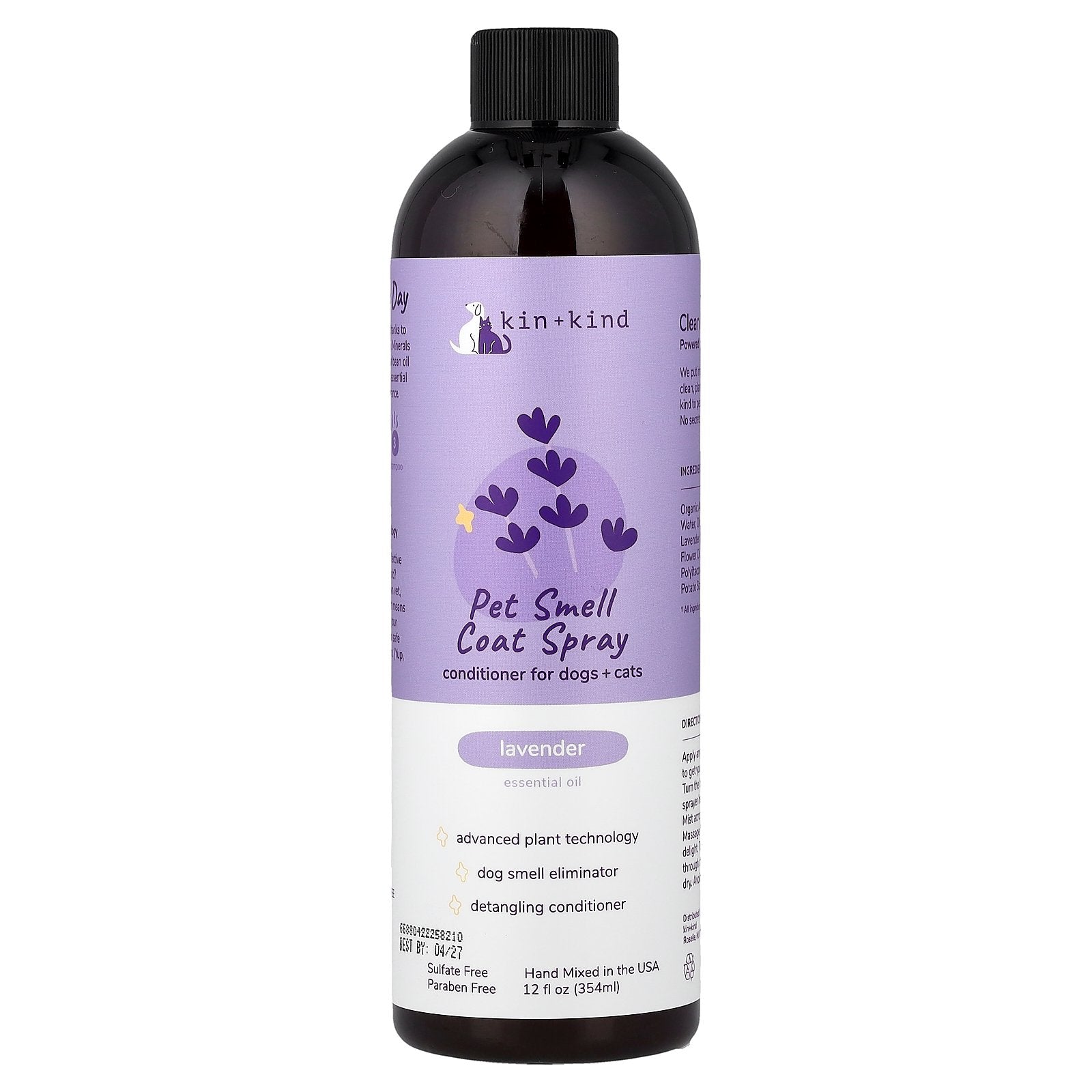 Kin+Kind, Pet Smell Coat Spray, Conditioner For Dogs + Cats, Lavender, 12 fl oz (354 ml)