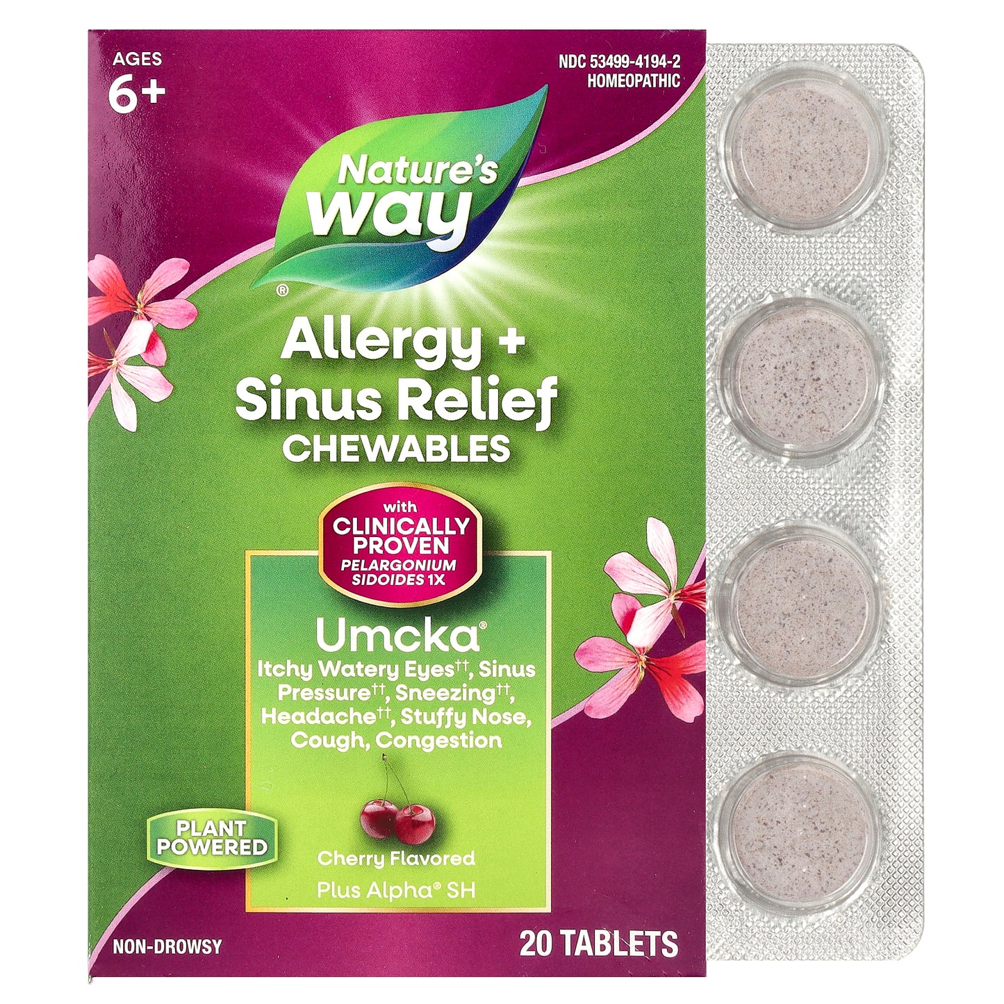 Nature's Way, Umcka®, Allergy + Sinus Relief Chewables, Ages 6+, Cherry, 20 Tablets