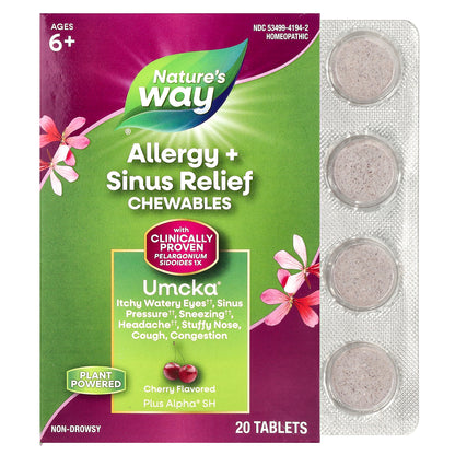 Nature's Way, Umcka®, Allergy + Sinus Relief Chewables, Ages 6+, Cherry, 20 Tablets