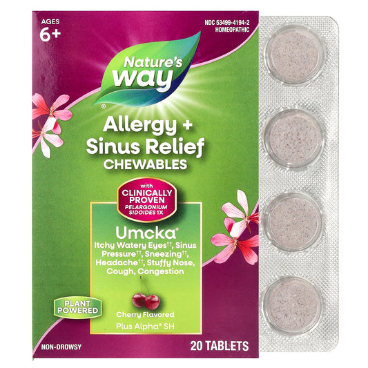 Nature's Way, Umcka®, Allergy + Sinus Relief Chewables, Ages 6+, Cherry, 20 Tablets