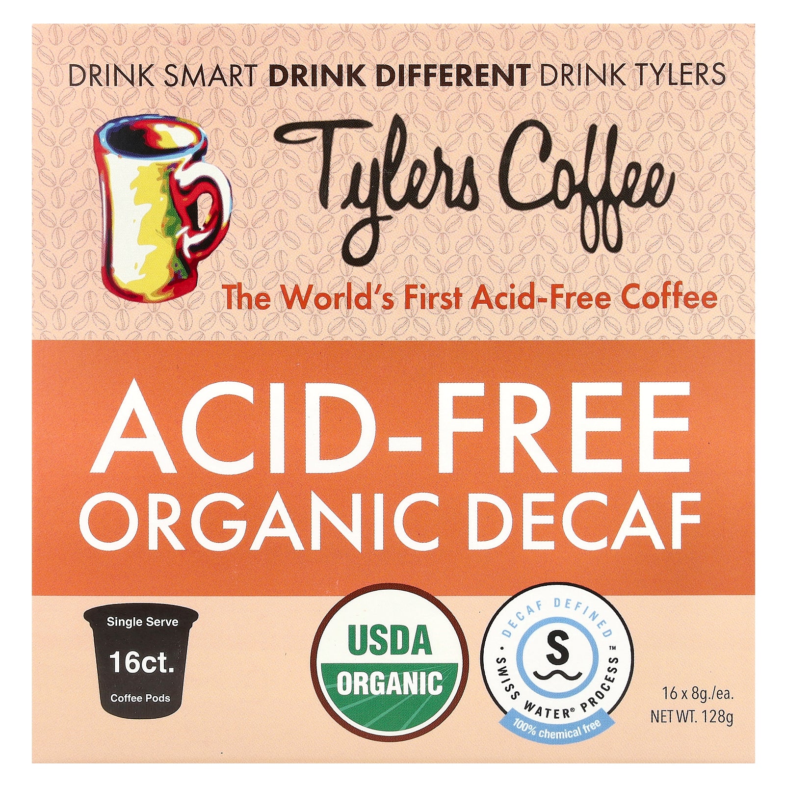 Tylers Coffees, Acid-Free Organic Decaf, 16 Single Serve Coffee Pods, 8 g Each