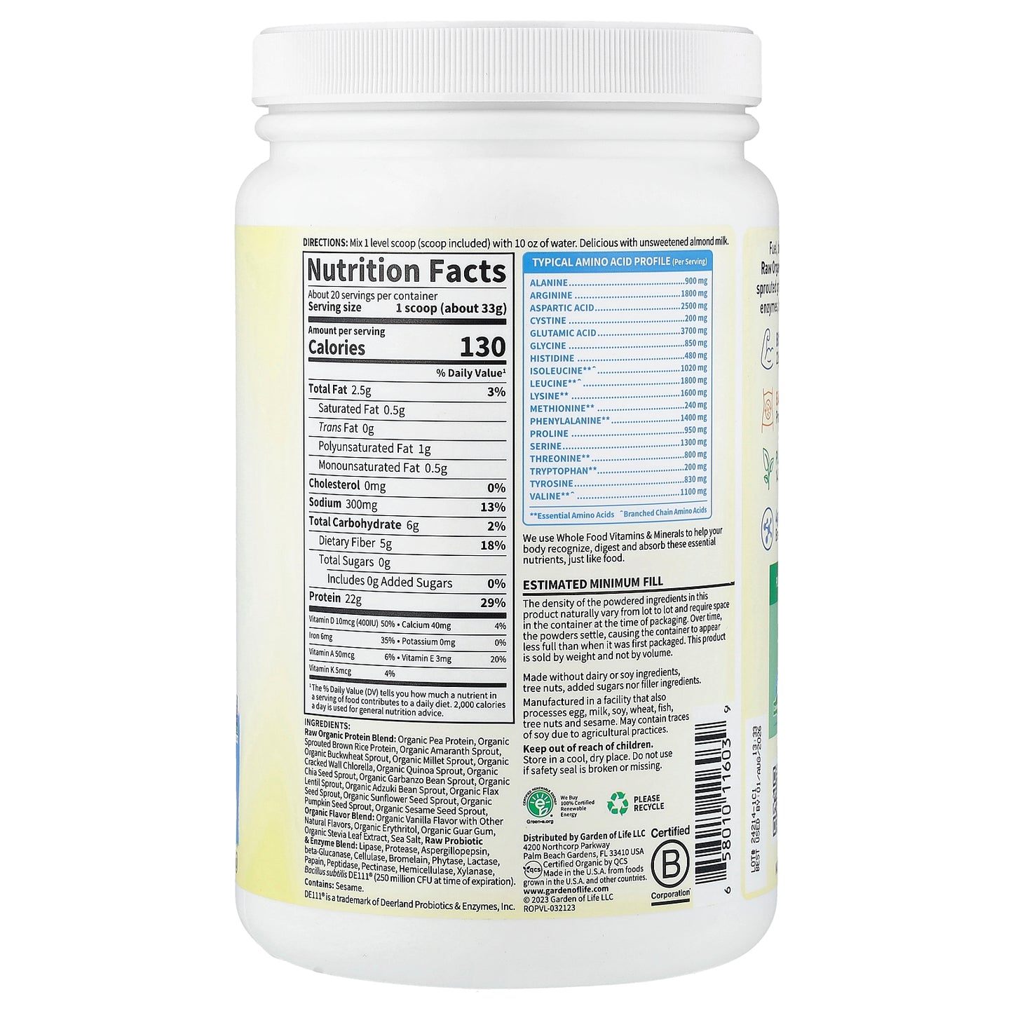 Garden of Life, RAW Organic Protein, Vanilla, 1 lb 7.28 oz (660 g)