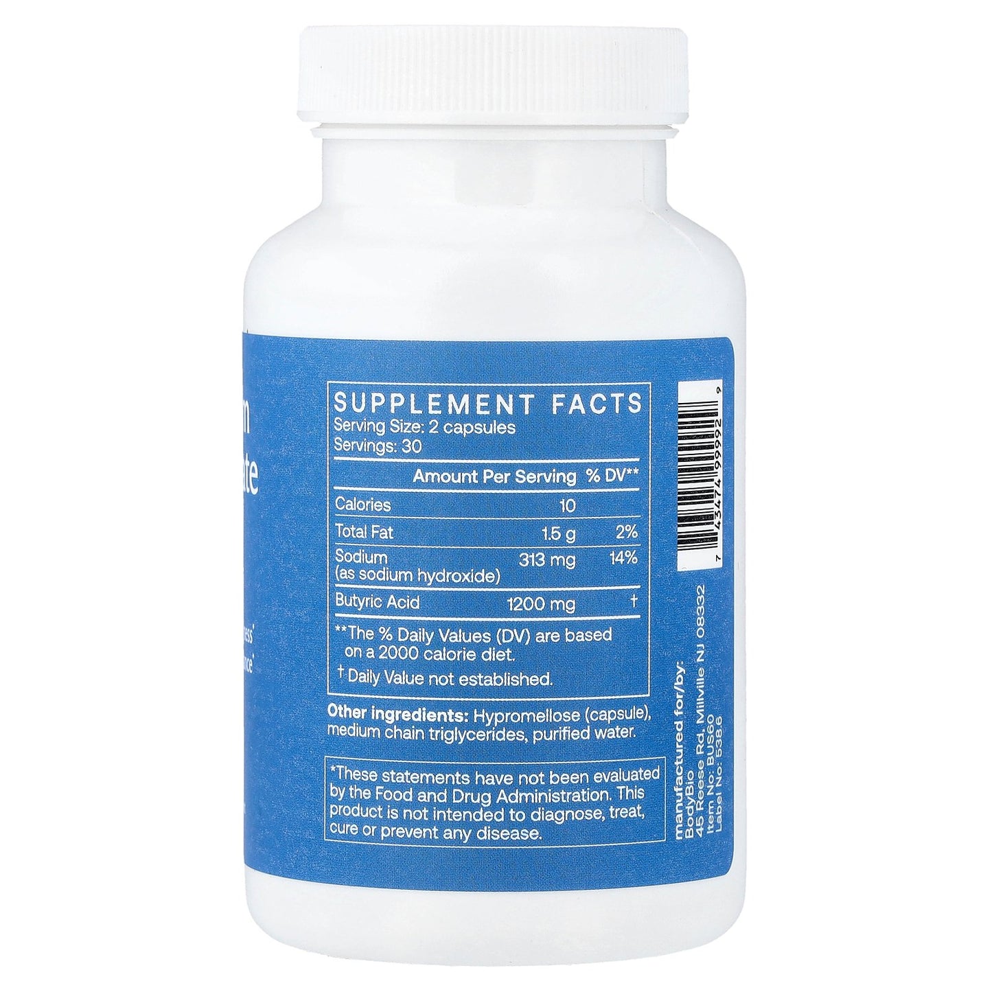 BodyBio, Sodium Butyrate, 60 Capsules