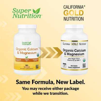 California Gold Nutrition, Organic Calcium & Magnesium Plus D3 & K2, 180 Tablets