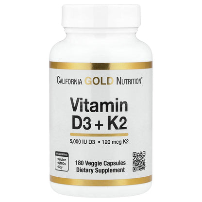 California Gold Nutrition, Vitamin D3 + K2 as MK-7, 180 Veggie Capsules