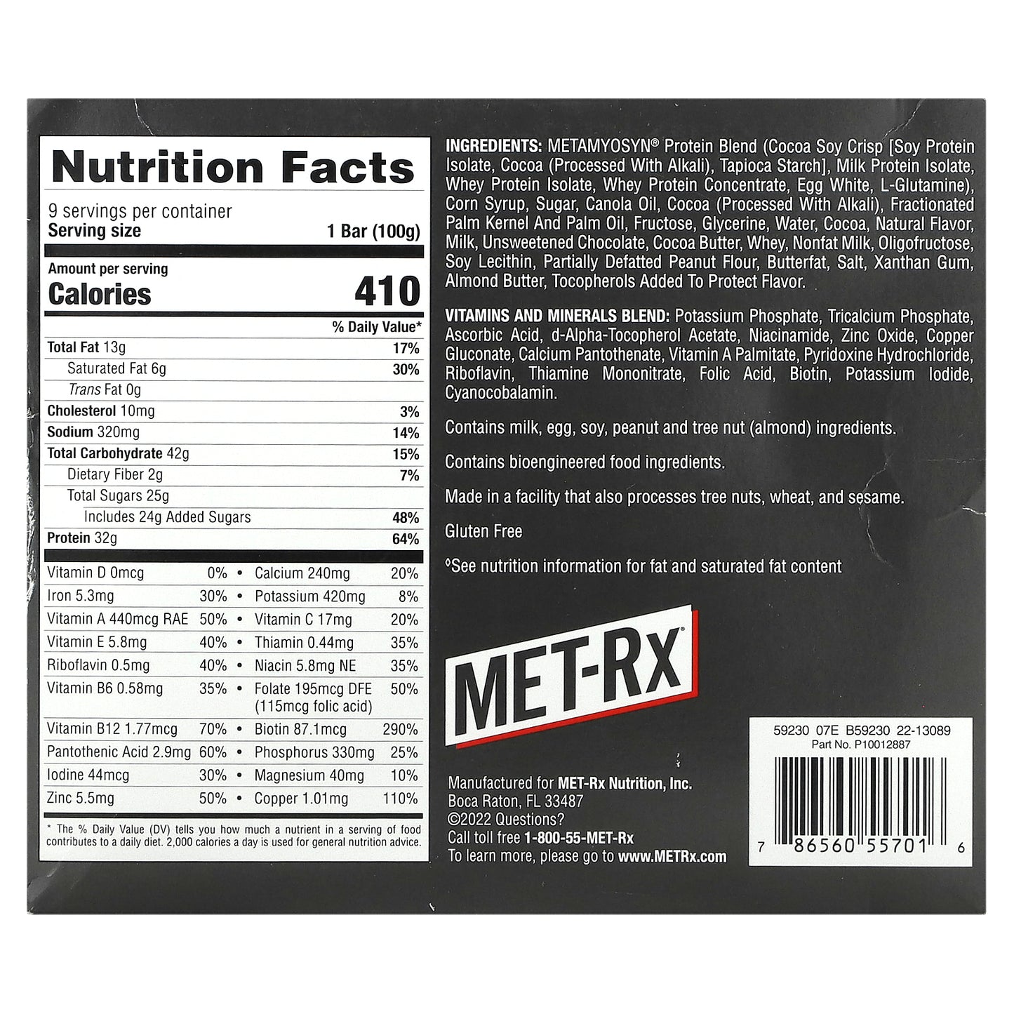 MET-Rx, Big 100, Meal Replacement Bar, Super Cookie Crunch, 9 Bars, 3.52 oz (100 g) Each