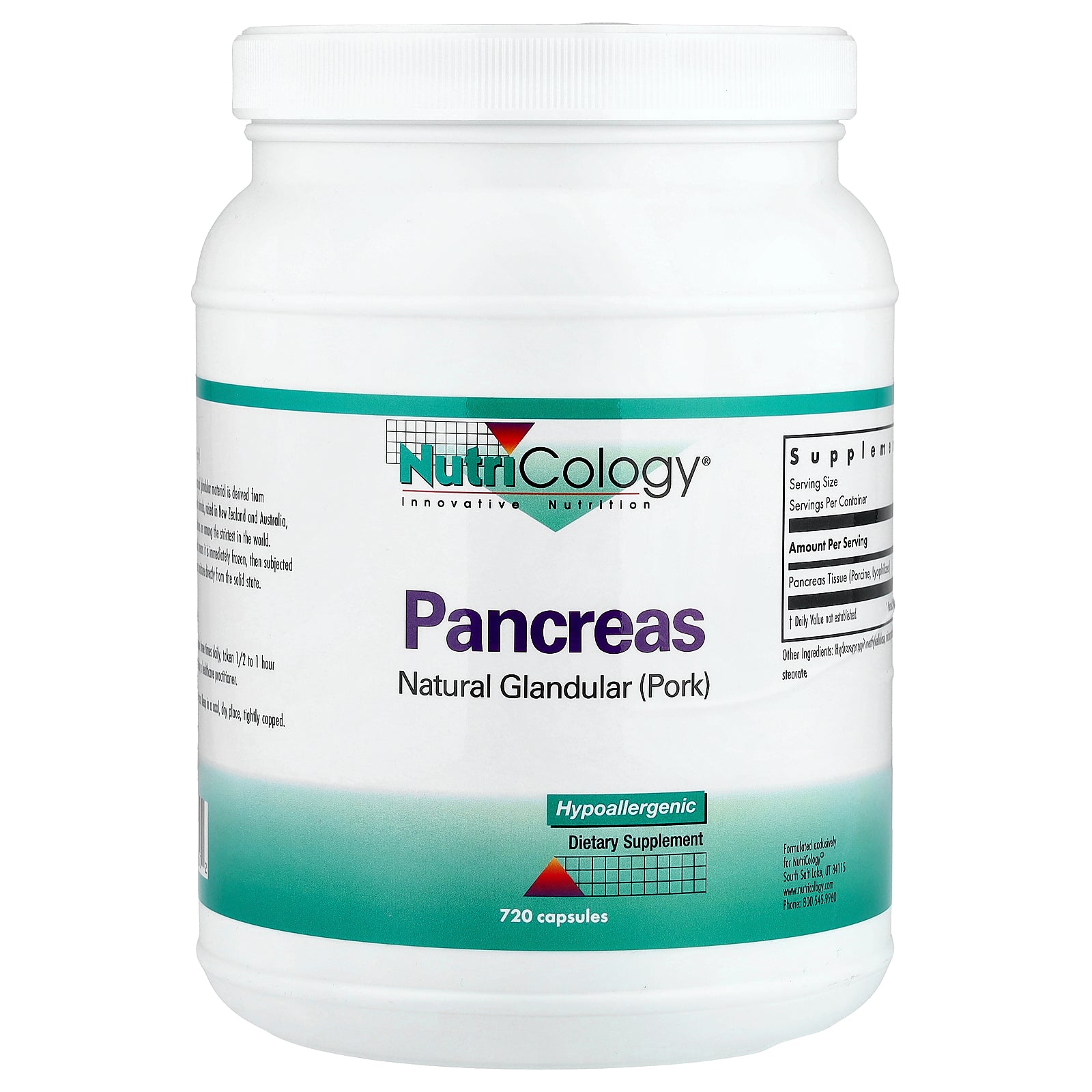 Nutricology, Pancreas, Natural Glandular (Pork), 720 Capsules (425 mg per Capsule)