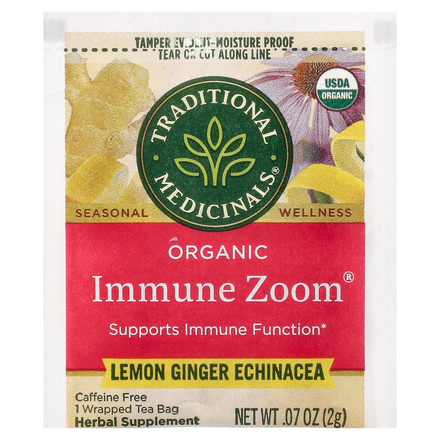 Traditional Medicinals, Organic Immune Zoom®, Lemon Ginger Echinacea, Caffeine Free, 16 Wrapped Tea Bags, 1.13 oz (32 g)