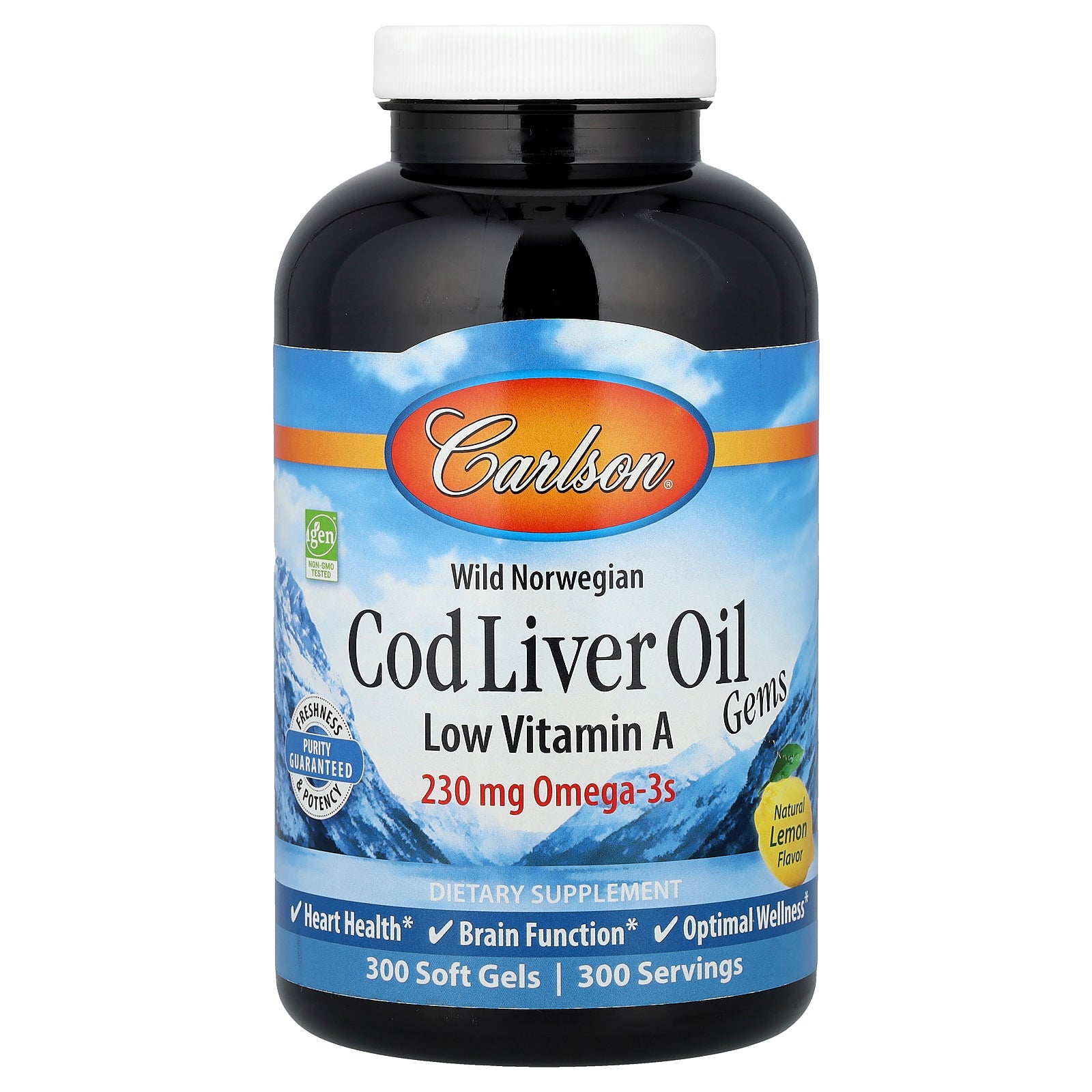 Carlson, Wild Norwegian, Cod Liver Oil Gems, Low Vitamin A, Natural Lemon, 300 Soft Gels