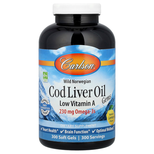 Carlson, Wild Norwegian, Cod Liver Oil Gems, Low Vitamin A, Natural Lemon, 300 Soft Gels