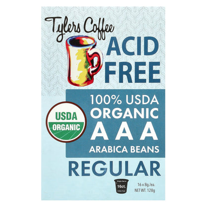 Tylers Coffees, Acid-Free Organic Coffee, Regular, 16 Coffee Pods, (8 g) Each