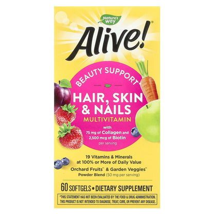 Nature's Way, Alive!® Hair, Skin & Nails MultiVitamin, Strawberry, 60 Softgels