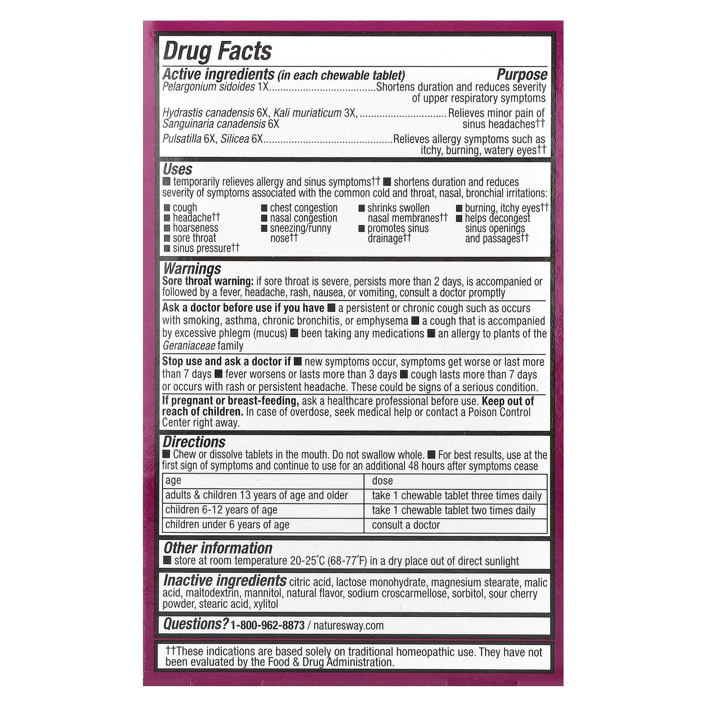 Nature's Way, Umcka®, Allergy + Sinus Relief Chewables, Ages 6+, Cherry, 20 Tablets