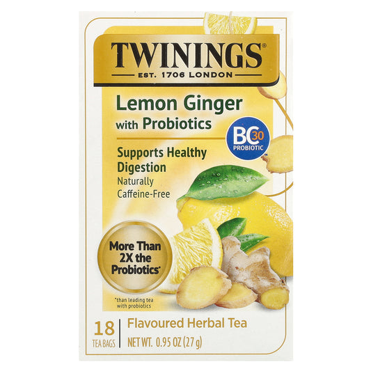 Twinings, Herbal Tea, Lemon Ginger With Probiotics, Caffeine-Free, 18 Tea Bags, 0.95 oz (27 g)