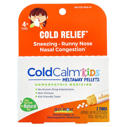 Boiron, ColdCalm® Kids Meltaway Pellets, 4+ Years, 2 Tubes, Approx. 80 Pellets Each
