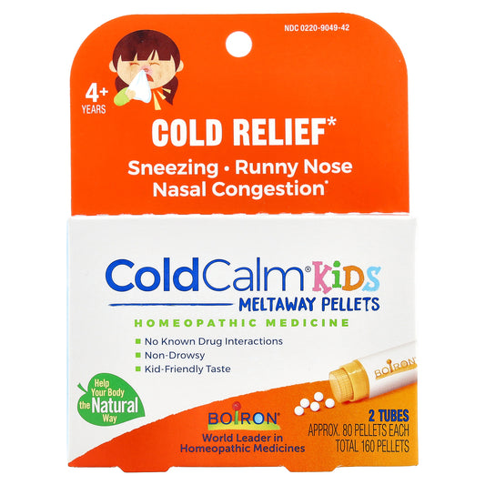 Boiron, ColdCalm® Kids Meltaway Pellets, 4+ Years, 2 Tubes, Approx. 80 Pellets Each