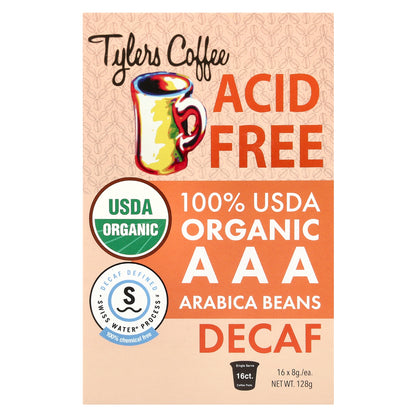 Tylers Coffees, Acid-Free Organic Decaf, 16 Single Serve Coffee Pods, 8 g Each