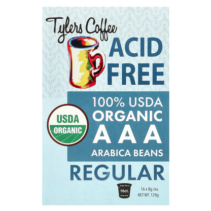 Tylers Coffees, Acid-Free Organic Coffee, Regular, 16 Coffee Pods, (8 g) Each