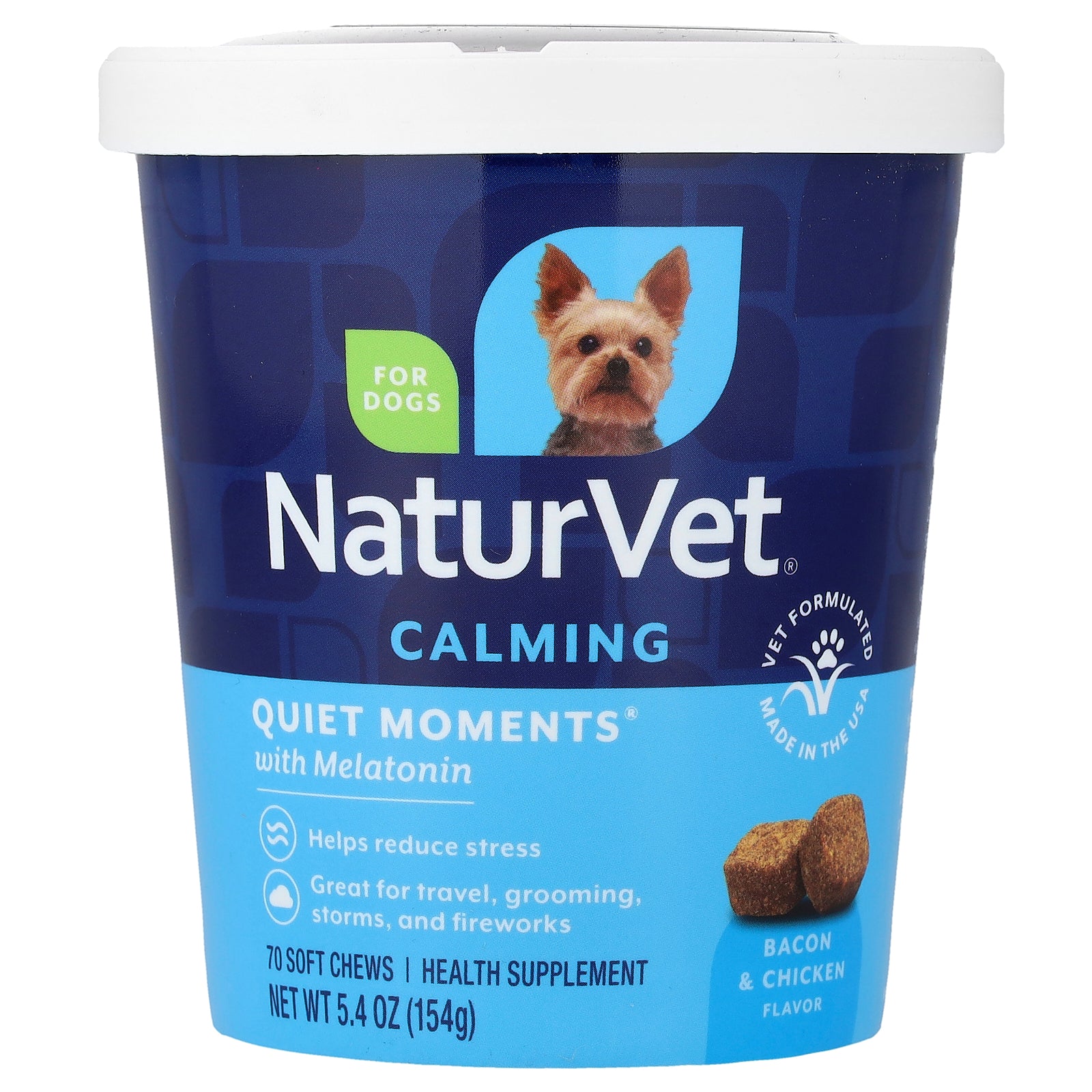 NaturVet, Quiet Moments® with Melatonin, Calming, For Dogs, Bacon & Chicken, 70 Soft Chews, 5.4 oz (154 g)