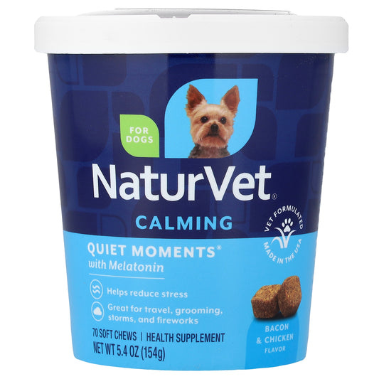 NaturVet, Quiet Moments® with Melatonin, Calming, For Dogs, Bacon & Chicken, 70 Soft Chews, 5.4 oz (154 g)