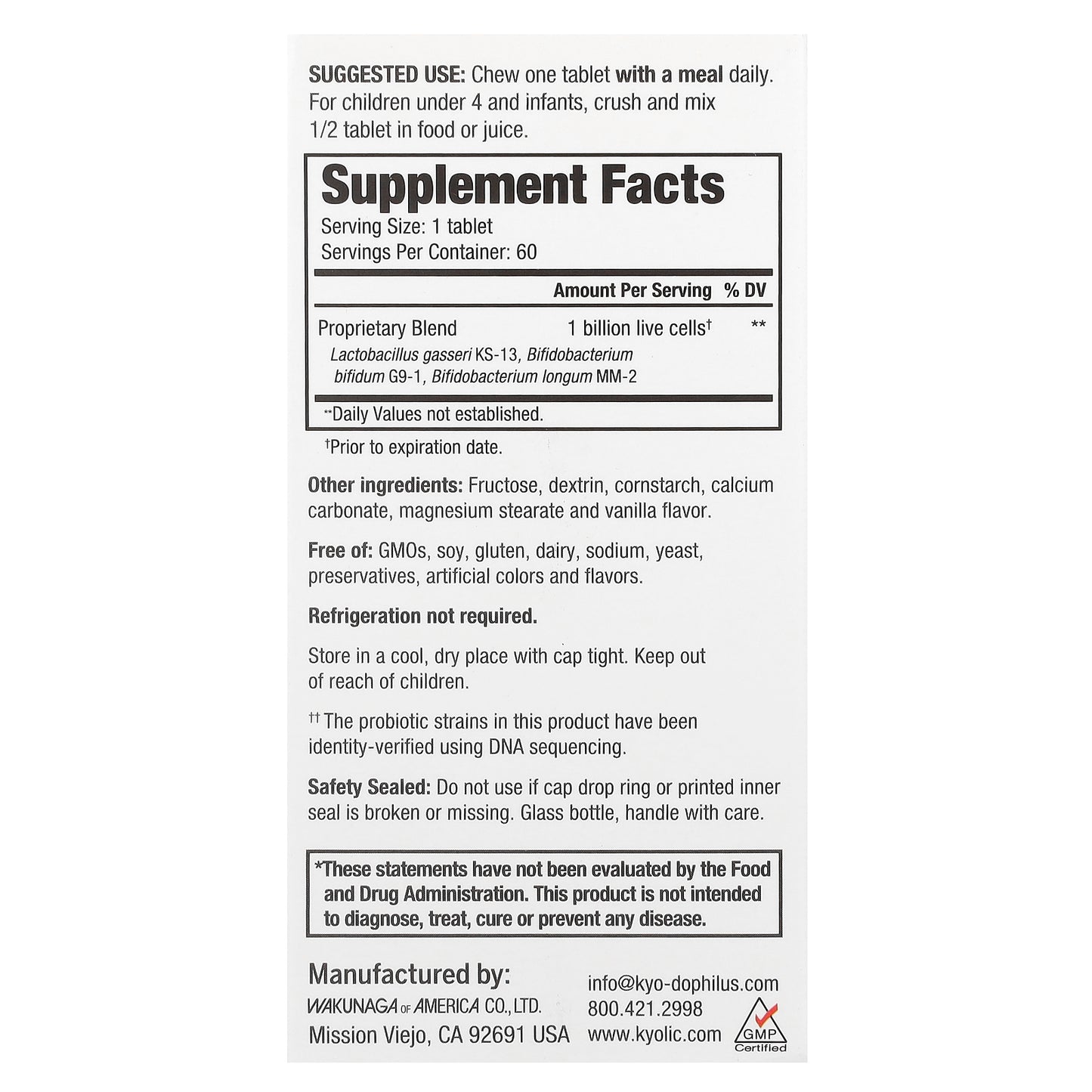 Kyolic, Kids Probiotic, Vanilla, 1 Billion CFU, 60 Chewable Tablets