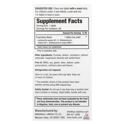 Kyolic, Kids Probiotic, Vanilla, 1 Billion CFU, 60 Chewable Tablets