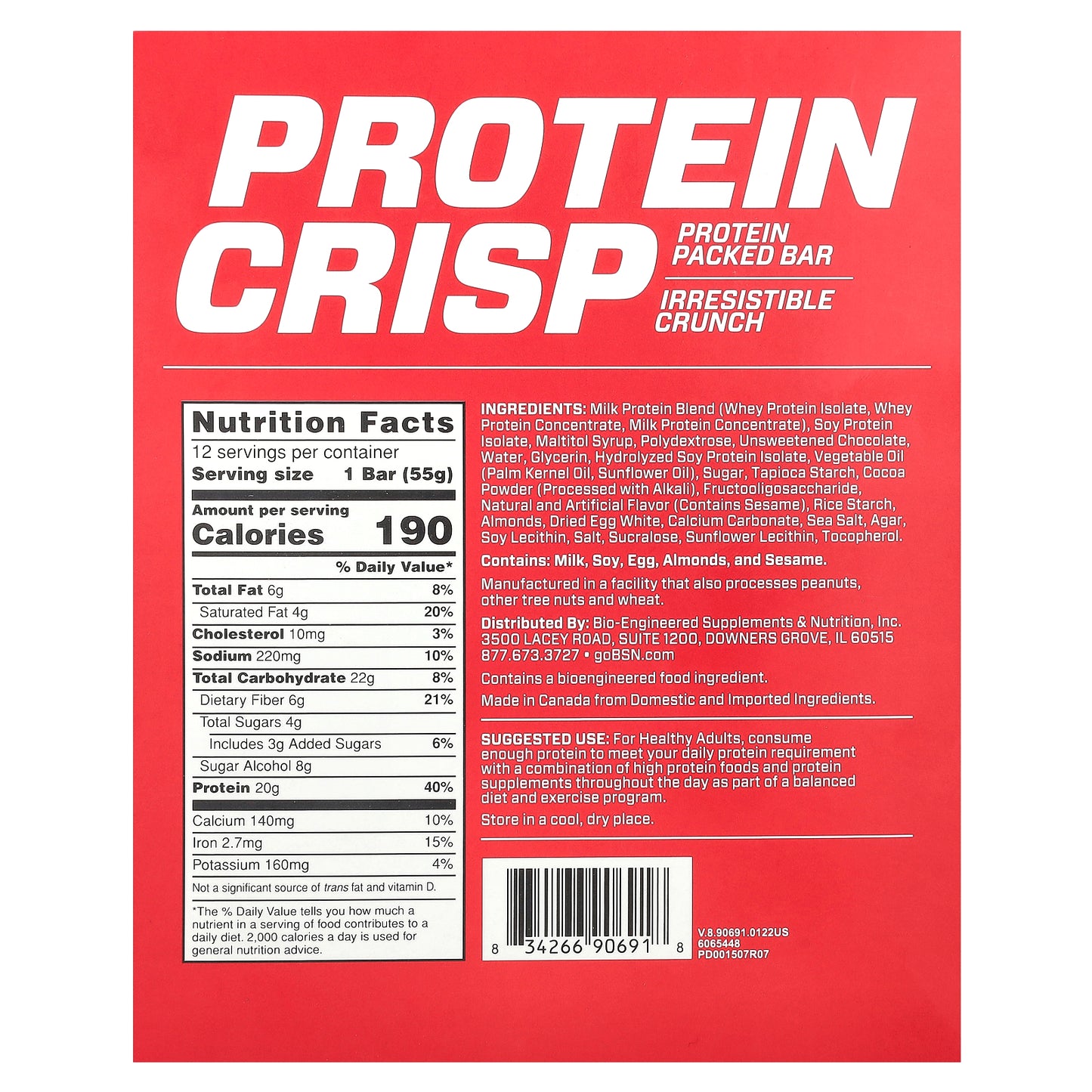 BSN, Protein Crisp, Chocolate Crunch, 12 Bars, 1.94 oz (55 g) Each
