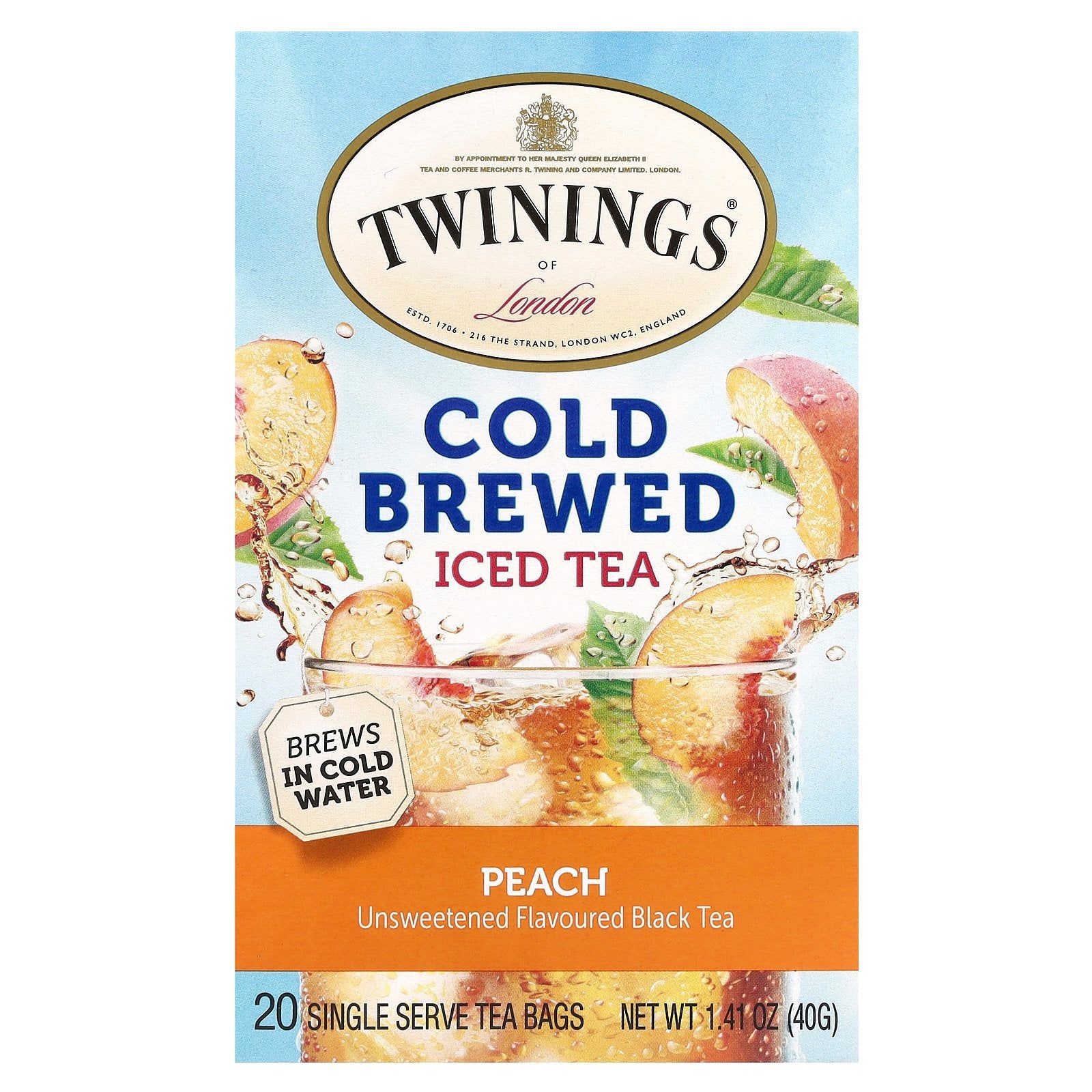 Twinings, Cold Brewed Iced Tea, Black Tea, Unsweetened, Peach, 20 Single Serve Tea Bags, 1.41 oz (40 g)