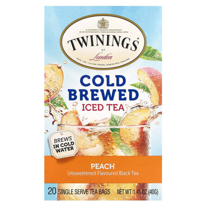 Twinings, Cold Brewed Iced Tea, Black Tea, Unsweetened, Peach, 20 Single Serve Tea Bags, 1.41 oz (40 g)