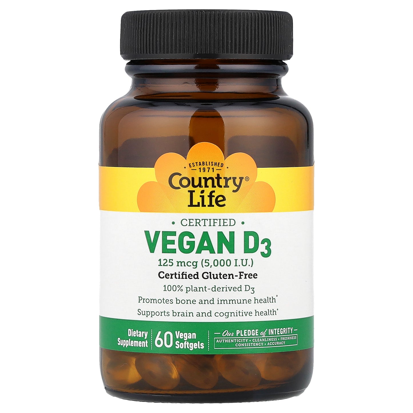 Country Life, Certified Vegan D3, 125 mcg (5,000 IU), 60 Vegan Softgels