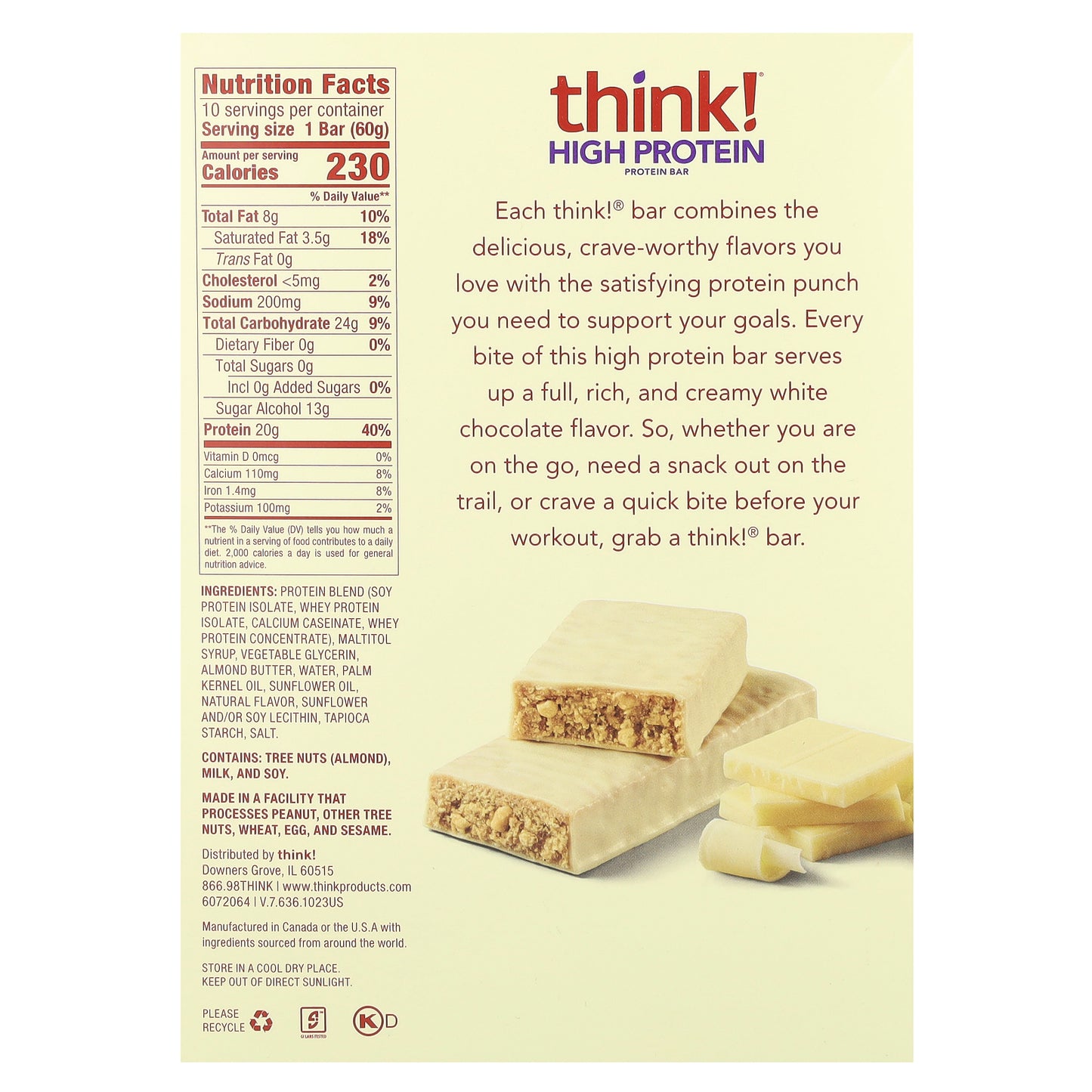 Think !, High Protein Bars, White Chocolate, 10 Bars, 2.1 oz (60 g) Each