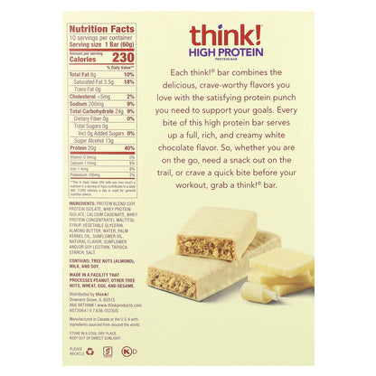 Think !, High Protein Bars, White Chocolate, 10 Bars, 2.1 oz (60 g) Each