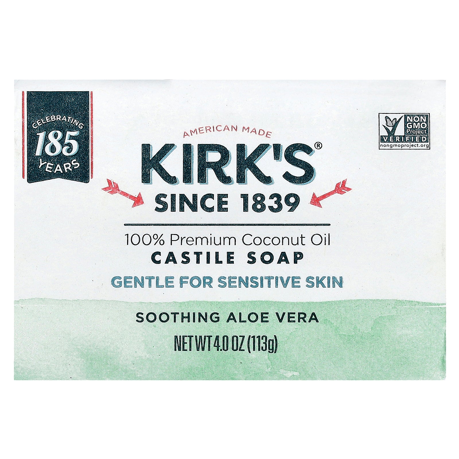 Kirk's, 100% Premium Coconut Oil Castile Bar Soap, Soothing Aloe Vera, 4 oz (113 g)