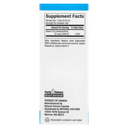 Natural Factors, Vitamin D3 Drops, Unflavored, 25 mcg (1,000 IU), 0.5 fl oz (15 ml)