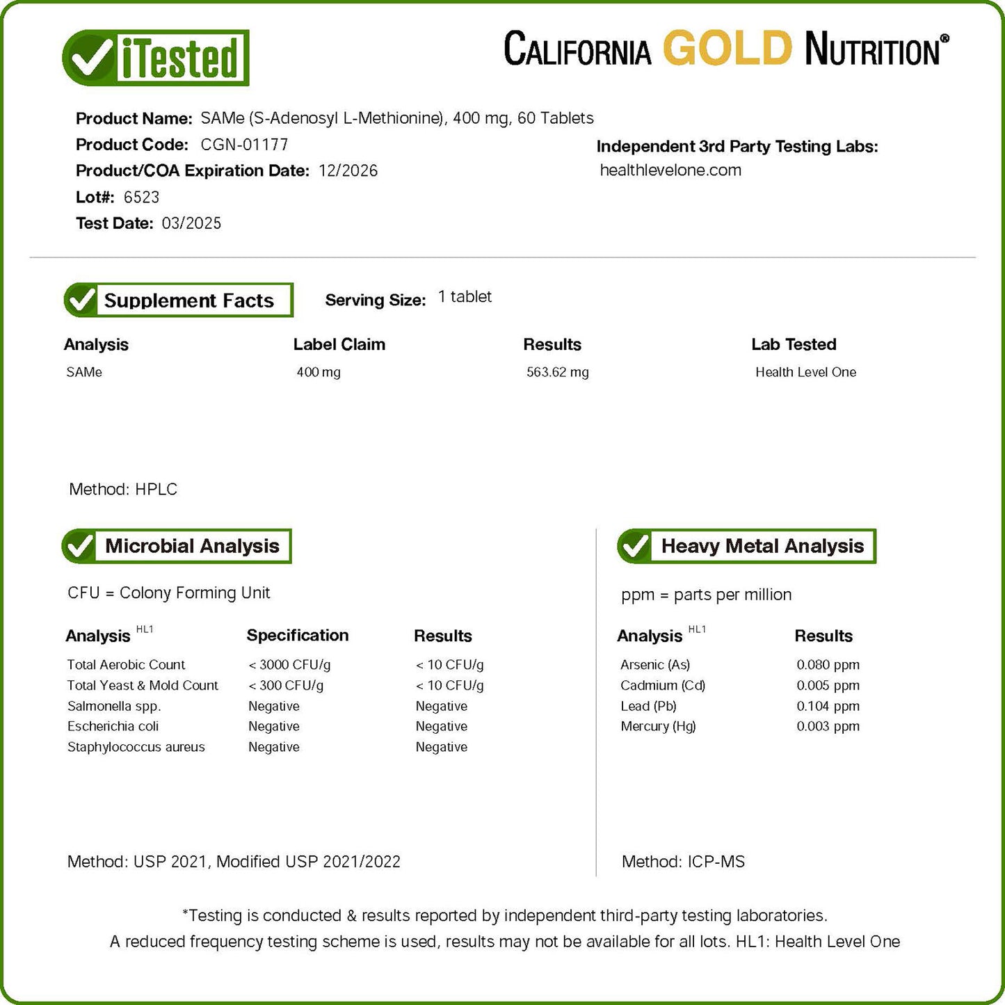 California Gold Nutrition, SAMe, Butanedisulfonate, 400 mg, 60 Enteric Coated Tablets