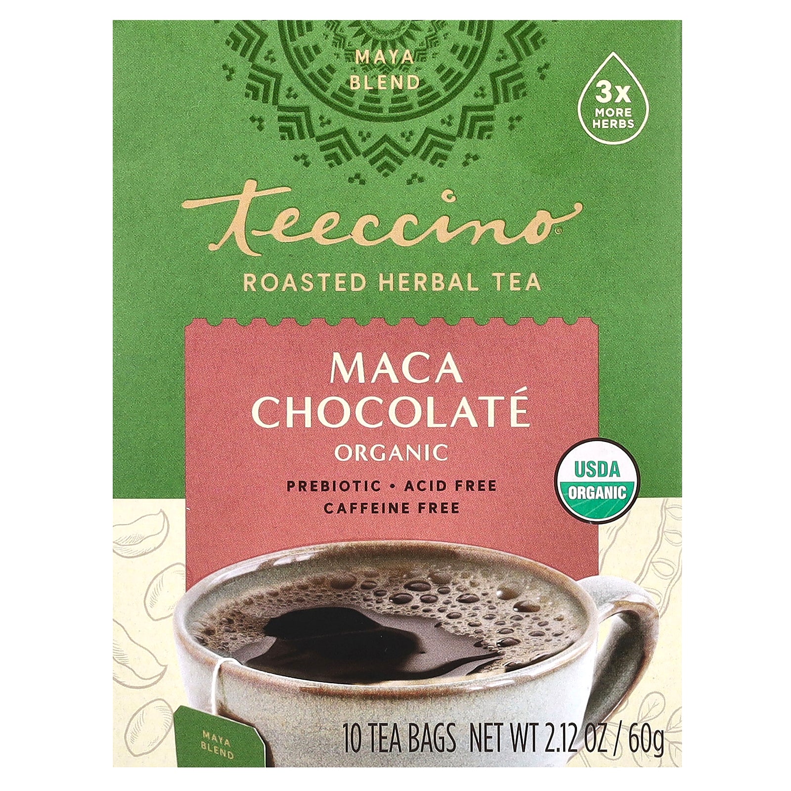 Teeccino, Organic Roasted Herbal Tea, Maca Chocolate, Caffeine Free, 10 Tea Bags, 2.12 oz (60 g)